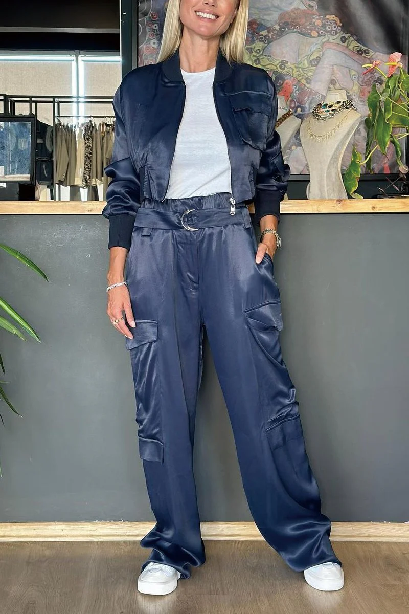 Women's Solid Satin Zipper Detail Jacket Pants Set